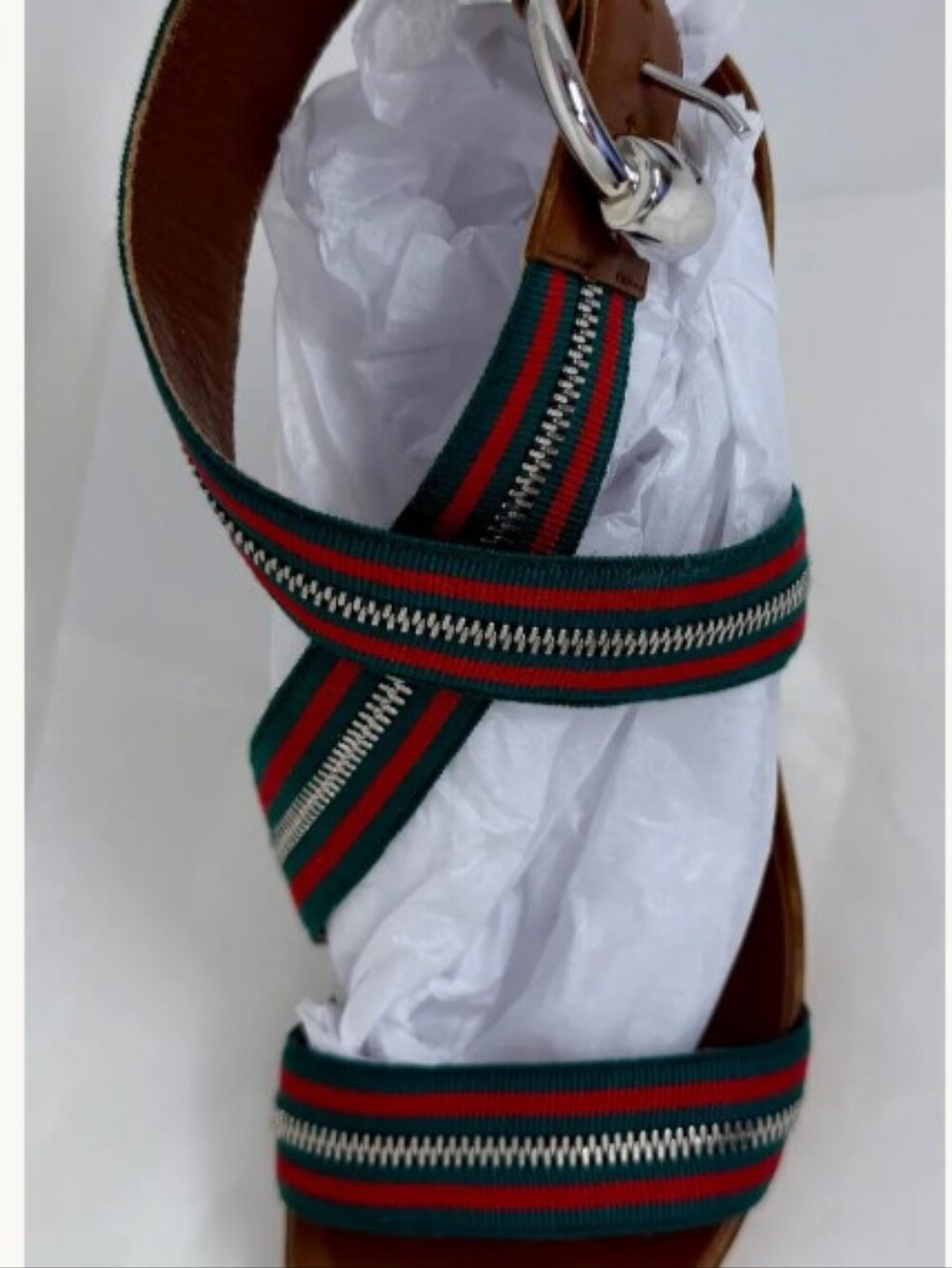 GUCCI RARE! Web Stripe Stilleto Heels Brown Leather Zipper Strap Detail - Women - Picture 11 of 12